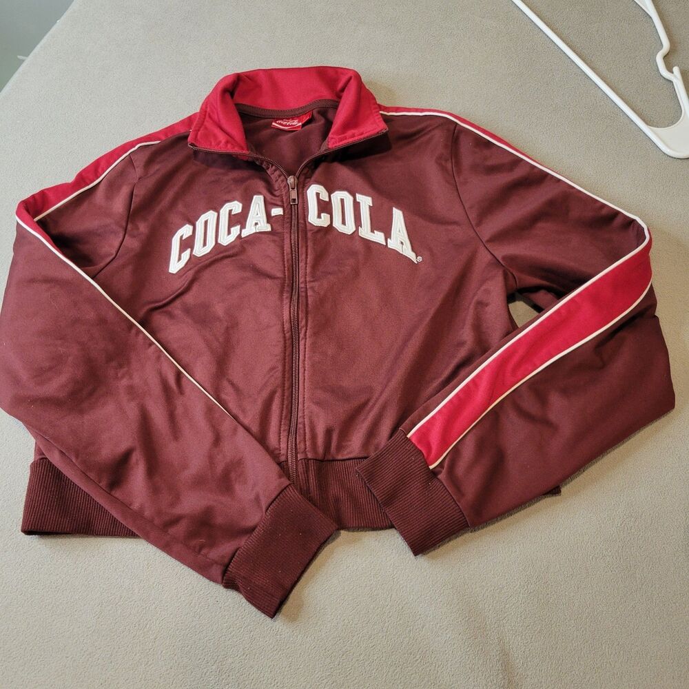 Coca Cola Track Jacket Large Adult Red Cropped Spell Out Logo Full Zip Womens S
